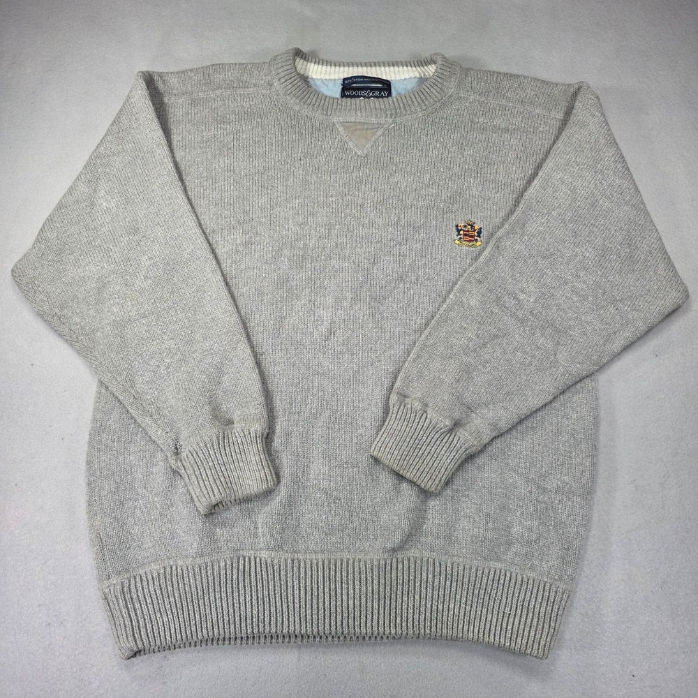 Woods & Gray Mens Large Gray 100% Cotton Crewneck Sweater Embroidered Crest Logo
